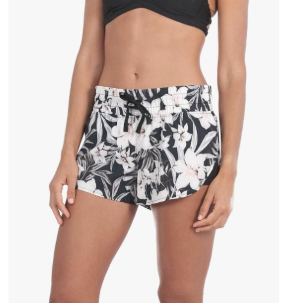 Hurley Hawaiian Shorts Women’s S Black And White Floral Low Rise Beach Swim